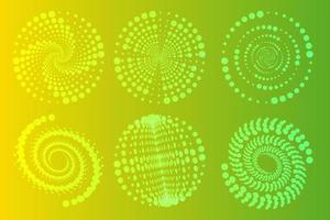 Set of spirals, Design elements, dotted abstract patterns. Spiral swirl, twist points, vortex halftone. Vector templates of circular radial rotation lines.