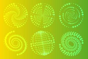 Set of spirals, Design elements, dotted abstract patterns. Spiral swirl, twist points, vortex halftone. Vector templates of circular radial rotation lines.