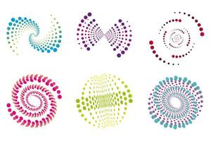 Set of spirals, Design elements, dotted abstract patterns. Spiral swirl, twist points, vortex halftone. Vector templates of circular radial rotation lines.