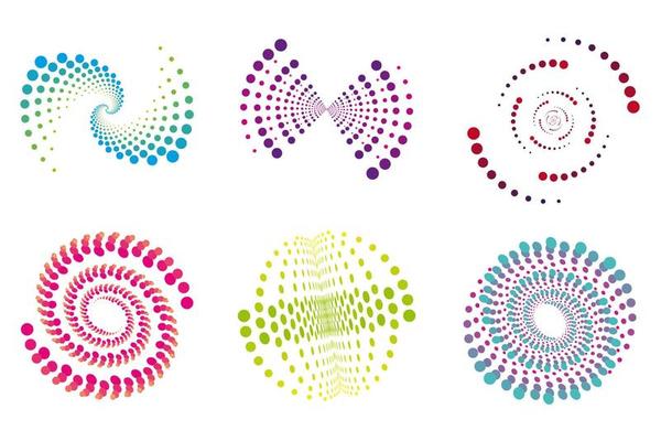 Set of spirals, Design elements, dotted abstract patterns. Spiral swirl, twist points, vortex halftone. Vector templates of circular radial rotation lines.