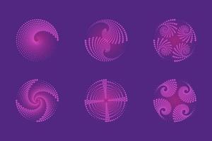 Set of spirals, Design elements, dotted abstract patterns. Spiral swirl, twist points, vortex halftone. Vector templates of circular radial rotation lines.