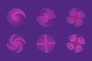 Set of spirals, Design elements, dotted abstract patterns. Spiral swirl, twist points, vortex halftone. Vector templates of circular radial rotation lines.