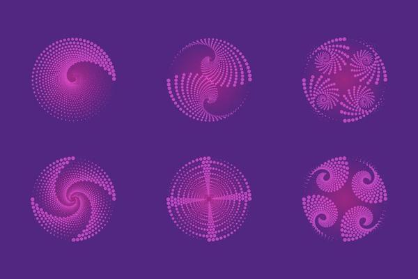Set of spirals, Design elements, dotted abstract patterns. Spiral swirl, twist points, vortex halftone. Vector templates of circular radial rotation lines.