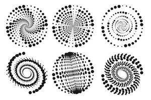 Set of spirals, Design elements, dotted abstract patterns. Spiral swirl, twist points, vortex halftone. Vector templates of circular radial rotation lines.