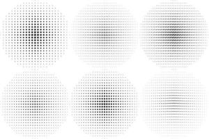 gran conjunto de trazos de círculo con textura negra aislados en fondo blanco. círculos punteados abstractos, gradiente de punto geométrico de semitono redondo y textura de arte pop. conjunto de vectores de gradación de polvo.