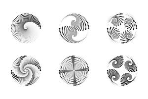 Set of spirals, Design elements, dotted abstract patterns. Spiral swirl, twist points, vortex halftone. Vector templates of circular radial rotation lines.