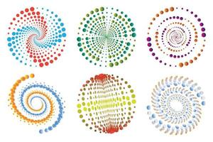 Set of spirals, Design elements, dotted abstract patterns. Spiral swirl, twist points, vortex halftone. Vector templates of circular radial rotation lines.