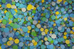 Abstract yellow, blue, green, and dark blue circle cylinders top view pattern background. Chaotic rounded mosaic surface polygons 3d rendering photo