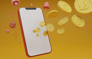 3d renderizar banca móvil, pantalla móvil de teléfono inteligente de pago financiero, teléfono inteligente y monedas de dinero. monedas de pagos en línea flotando en el concepto de transacción de pantalla blanca en blanco del teléfono inteligente. ilustrar. foto