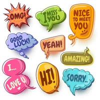 Set of nine different, colorful stickers at colorful comic strip. doodle speech bubbles with omg, i miss you, nice to meet you, good luck, yeah, i love you, hi, sorry. vector