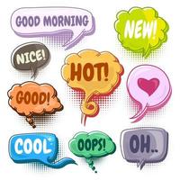 Set of nine different, colorful stickers at colorful comic strip. doodle speech bubbles with morning, new, nice, good, hot, love, cool, oh. vector