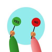 Yes No banner in human hand on white background. Test question. Choice hesitate, dispute, opposition, choice, dilemma, opponent view. Cartoon vector illustration