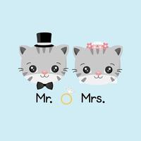 lindo gato con disfraces de novia y novio ilustración vectorial. vector