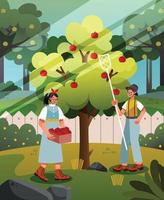 un niño y una niña recogiendo manzanas en el jardín vector