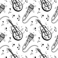 A seamless pattern of musical symbols, guitar, ukulele, notes, microphone. Karaoke. Melody. Hippie music creation. Hand-drawn doodle-style elements. Vector illustration