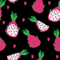 Seamless pattern of pitaya and abstract hearts, summer vector illustration in cartoon style. Pythaya whole, half and quarter. Bright summer pattern on black background