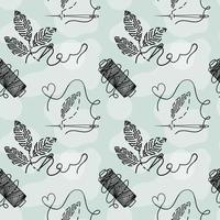 Seamless pattern of embroidered leaves, hand-drawn doodles in sketch style. Reel of thread. Needle and thread. Embroidery. Handmade. Thread. Illustration of a fantasy background vector