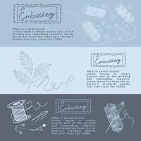 Set of horizontal banners for embroidery and sewing. Thread, needles, embroidery. Creative fashion concept for business. Embroidery banners with hand-drawn doodle elements vector