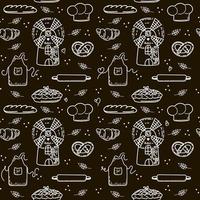 Seamless mill and baking pattern, hand-drawn doodle-style elements. Mill, chef's hat, apron, rolling pin, bread, croissant and bagel. Elements on black background vector