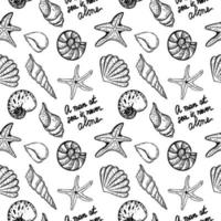 Seamless, hand-drawn sea creatures in sketch style. Seashells and starfish. Handwritten text. A man at sea is never alone. White background. Isolated. Summer. Ocean. Flat design. Vector illustration