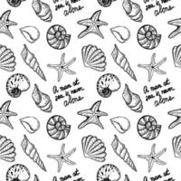 Seamless, hand-drawn sea creatures in sketch style. Seashells and starfish. Handwritten text. A man at sea is never alone. White background. Isolated. Summer. Ocean. Flat design. Vector illustration