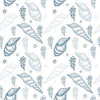 Seamless, hand-drawn sea creatures in sketch style. Seashells and bubbles. Blue pastel palette. White background. Isolated. Summer. Ocean. Flat design. Vector illustration