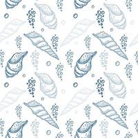 Seamless, hand-drawn sea creatures in sketch style. Seashells and bubbles. Blue pastel palette. White background. Isolated. Summer. Ocean. Flat design. Vector illustration