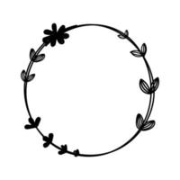 Frame with a flower circle, hand-drawn doodle. Elegant circular frame with a wreath. Flowers and leaves. Frame with floral elements, design element for wedding, greeting card. Vector illustration