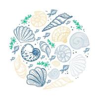 Set of sea creatures in a circle, hand-drawn in sketch style. Circle frame of seashells, seaweed and small fish. Pastel palette. Summer greeting card vector