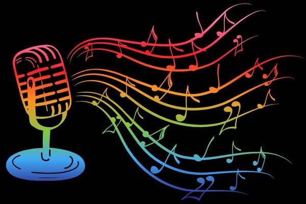 Karaoke music icon in doodle style. Vintage microphone with notes vector cartoon illustration on black isolated background. Audio equipment concept with bright rainbow melody effect