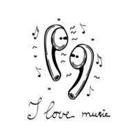 Modern headphones, hand-drawn doodle sketch style. The inscription is handwritten I love music. Vector in a simple cartoon style. Isolated elements on white background.