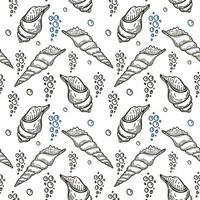 Seamless, hand-drawn sea creatures in sketch style. Seashells and bubbles. Monochrome palette. White background. Isolated. Summer. Ocean. Flat design. Vector illustration