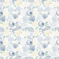 Seamless background with sea creatures, hand-drawn in sketch style. Shells, seaweed and small fish. Ocean. Sea bottom. Pastel palette. Summer sea background vector