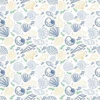 Seamless background with sea creatures, hand-drawn in sketch style. Shells, seaweed and small fish. Ocean. Sea bottom. Pastel palette. Summer sea background vector