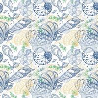 Seamless abstract background of sea creatures, hand-drawn in sketch style. Shells, seaweed and small fish. Ocean. Seabed. Pastel palette. Summer sea background vector