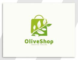 logotipo de la tienda de aceite de oliva verde con hojas e ilustración de bolsa de compras vector