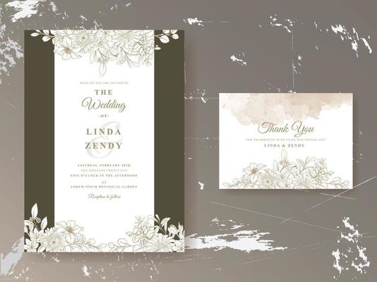 Elegant floral line art wedding invitation card template