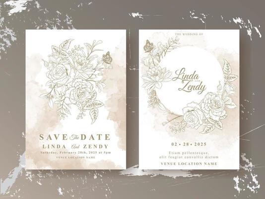 Elegant floral line art wedding invitation card template