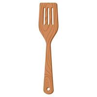 Cartoon nature wooden kitchenware utensil spatula with holes and wood grain texture vector