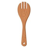 Cartoon nature wooden kitchenware utensil salad fork spatula with wood grain texture vector