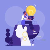 Woman standing in big head with light bulb, finding ideas. Innovation ideas and projects, think out of the box concept vector