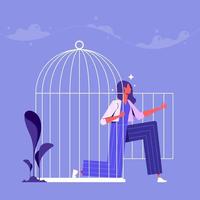 Woman opening cage to become free and escape from mental problems. Freedom and liberation, releasing from anxiety and fear, psychology concept. Flat vector illustration