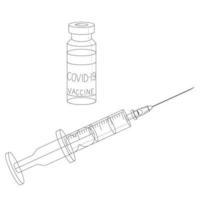 Covid-19 coronavirus vaccine in a transparent glass bottle with a rubber stopper and a disposable plastic syringe and needle. Doodle style. Vector stock illustration isolated on white background.