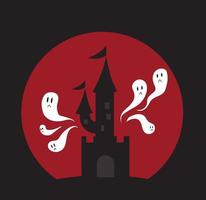 Castle with towers and flags against the background of the moon, many ghosts fly out of the castle. Cartoon style. Vector stock illustration isolated on white background.