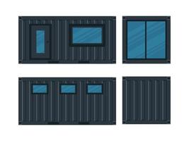 House, Cafe of black cargo container. Single storey building with a veranda out of container for ship isolated on a white background. Vector illustration.