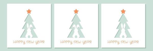 New Year card template in paper cut style. Rabbit on the background of the Christmas tree. vector