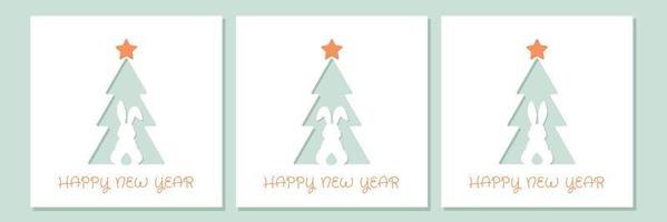 New Year card template in paper cut style. Rabbit on the background of the Christmas tree. vector