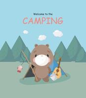 Camping poster with a cute bear with a fishing rod. Cartoon style. Vector illustration.