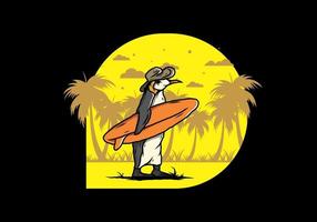 pingüino lindo que lleva una tabla de surf en la ilustración de la playa vector