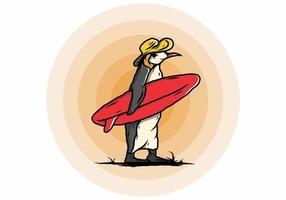 Cute penguin carrying a surfboard on the beach illustration vector